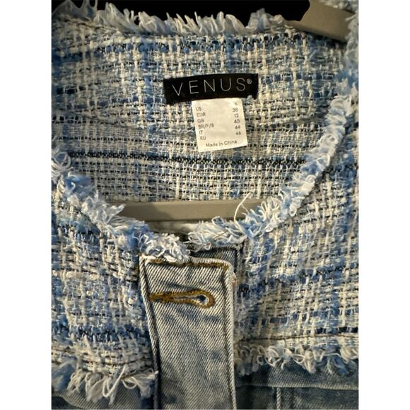Venus Women's Frayed Button Front Mixed Media Tweed Denim Jacket Blue Size 6 - Picture 3 of 7